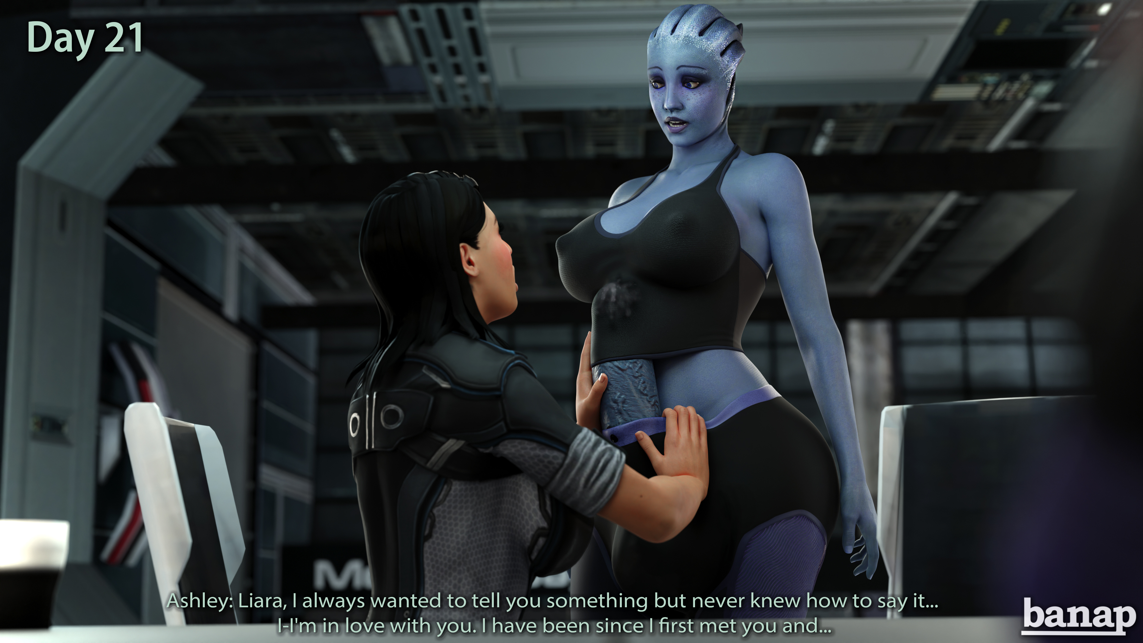 3d, asari, ashley williams, background, banap, big breasts, black clothing, black hair, blender, blue body, blue skin, bodily fluids, chair, character name, clothed breasts, comic, comic page, confession, cum, cum under clothes, day count, dialogue, duo, erection, futanari, hair, hand on penis, hands, huge cock, in love, indoors, intersex, liara t'soni, mass effect, nipple bulge, no nut november, number, on chair, penis, penis under clothes, penis under shirt, precum, precum through clothing, science fiction, shorts, side view, sitting, sleeveless, sleeveless shirt, standing, straight hair, tank top, tentacle hair, text, underwear, watermark