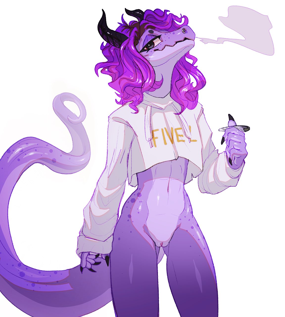 anthro bottomless clothed clothing female fivel genitals hair hi_res horn kobold pink_hair pussy scalie smoke smoking smoking_weed solo standing