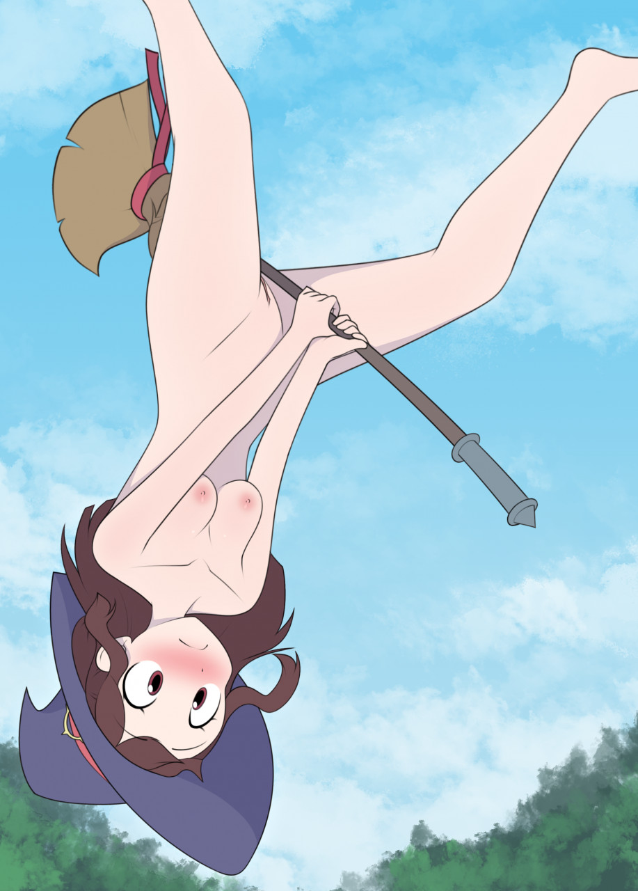 1girls akko_kagari breasts broom broom_riding female female_only flying furrgroup little_witch_academia nude pussy solo upside-down