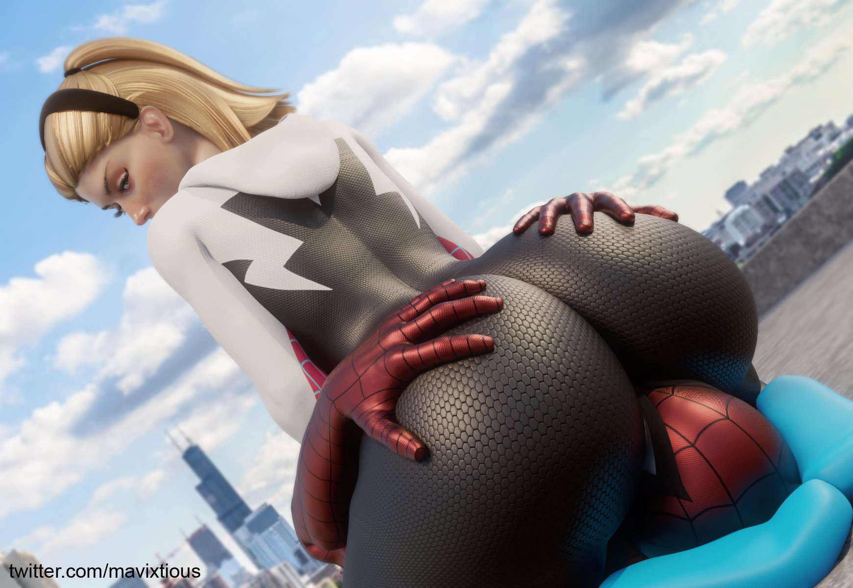 1boy, 1girls, 3d, ass, blender, faceless male, facesitting, female, female focus, gwen stacy, hairband, huge ass, male, marvel, marvel comics, mavixtious, peter parker, spider-gwen, spider-man, spider-man (series), spider-man: into the spider-verse, straight, thick thighs, wide hips