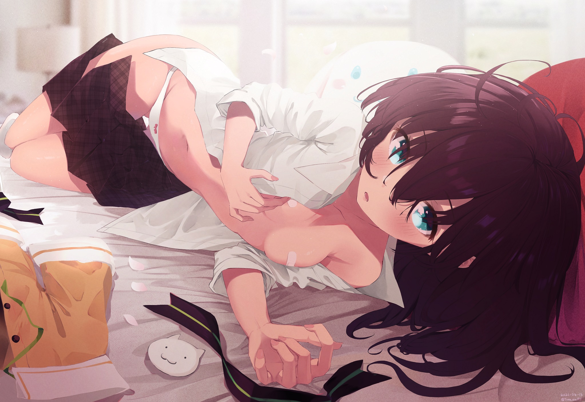 bandaid, bandaids on nipples, blue eyes, breasts, brown hair, female, hair down, highres, hololive, hololive gen 1, hololive japan, long hair, looking at viewer, lying, midriff, natsuiro matsuri, navel, on side, open clothes, open shirt, panties, pasties, pillow, ribbon, skirt, small breasts, solo, timo wei95, underwear, undressing, virtual youtuber, white panties