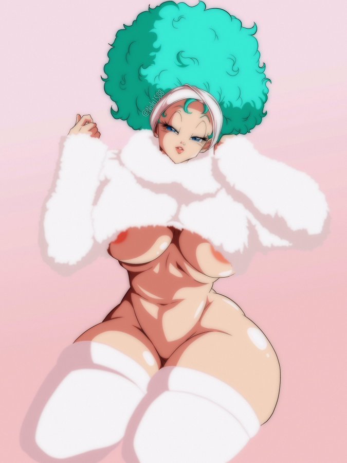 1girls, afro, areolae, blue eyes, blue hair, breasts, bulma (afro), bulma briefs, dragon ball, dragon ball z, female, female focus, female only, fur coat, huge breasts, nala1588, shounen jump, solo, solo female, thick thighs, thighhighs, underboob
