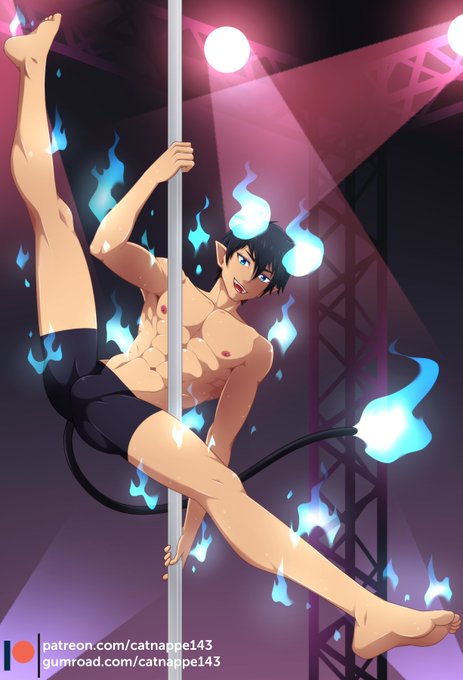 adonis_belt ao_no_exorcist areolae armpits ass athletic_male bara barely_clothed belly_button blue_eyes blue_fire boxers_(clothing) bulge bulge_through_clothing butt calves catnappe143 collarbone covered_penis demon_boy demon_tail fangs feet fire gay heels male_only male_stripper muscular_male nipples okumura_rin pecs pectorals penis_bulge penis_outline pointy_ears pole_dancing six_pack smile smiling spread_eagle spread_legs stripper stripper_pole tail teen teenage_boy teenager thighs toes underwear underwear_only