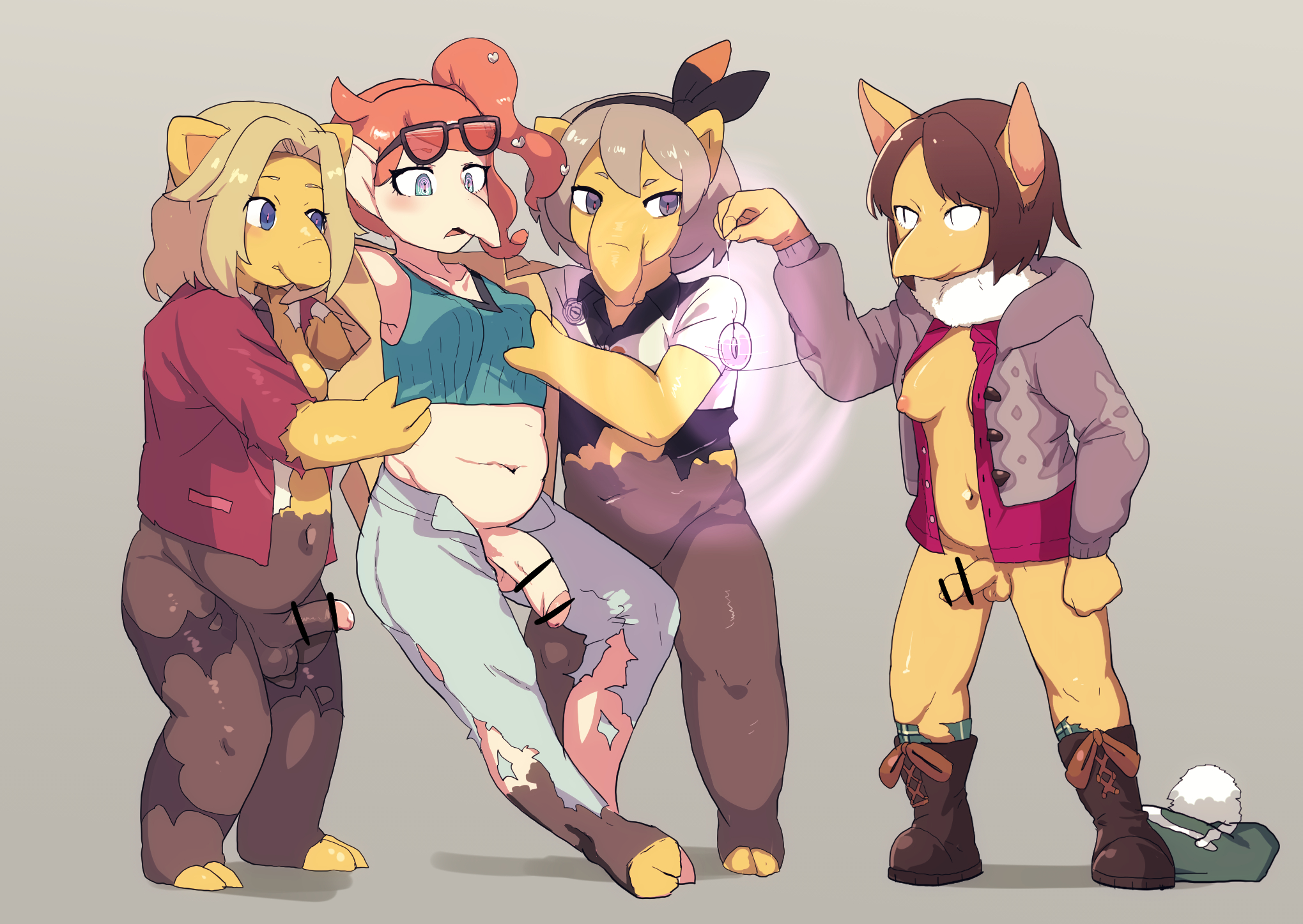 1girls, 3futas, after transformation, alternate breast size, anthro, assimilation, balls, bar censor, bea (pokemon), body modification, bottomless, brainwashing, breasts, censored, clothed, clothing, corruption, drowzee, enemy conversion, eyewear on head, female, fuka (kantoku), furry, futa only, futa transformation, futanari, gloria (pokemon), hypno, hypnosis, intersex, large breasts, mid-transformation, mostly nude, nintendo, penis, pokemon, pokemon (species), pokemon ss, post-transformation, sonia (pokemon), species transformation, standing, sunglasses on head, torn clothes, transformation