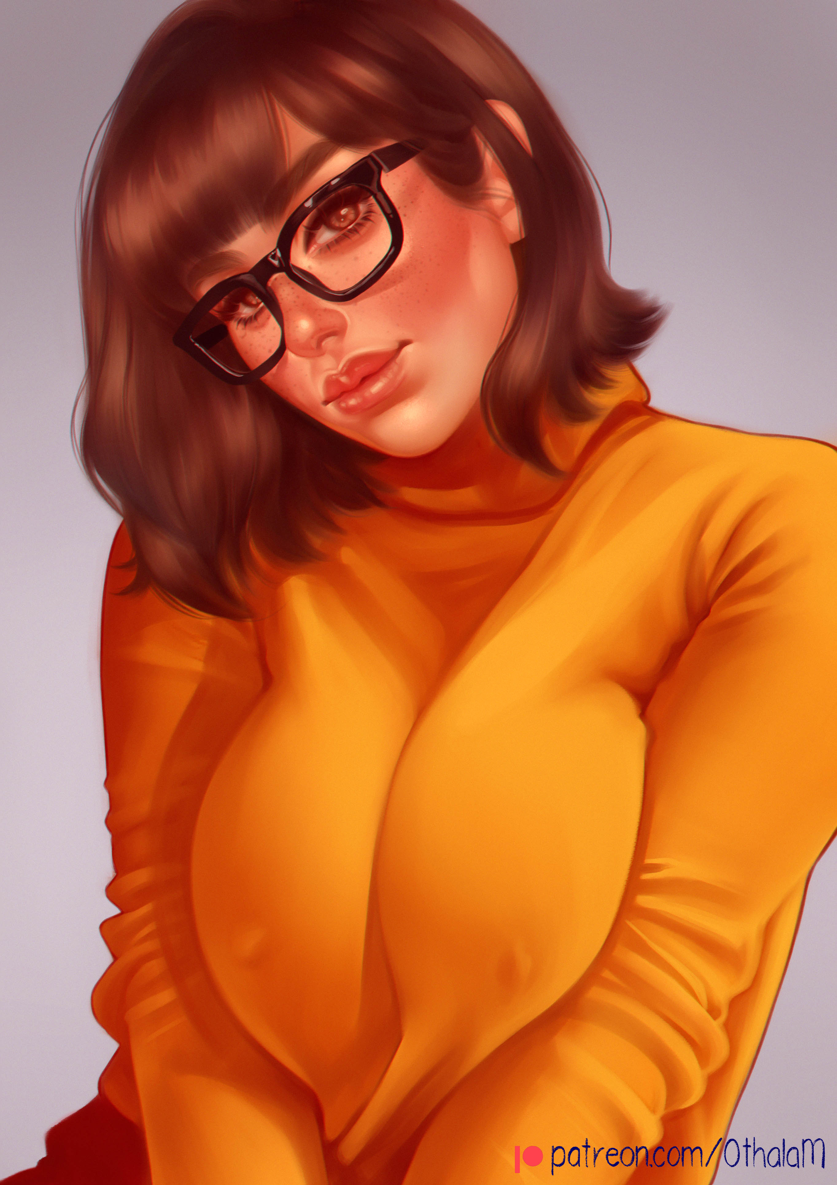 1girls, absurdres, big breasts, breasts, brown hair, female, female only, glasses, hanna-barbera, highres, large breasts, looking at viewer, nipple bulge, othalam, plump lips, pokies, scooby-doo, short hair, signature, text, velma dinkley, voluptuous