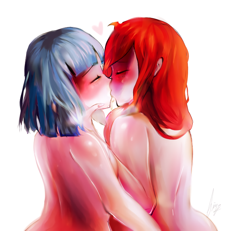 2girls ahoge blue_hair blush closed_eyes danganronpa danganronpa_f_shattered_hope fanganronpa kissing multiple_girls red_hair rox_(danganronpa_f_shattered_hope) scarlet_(danganronpa_f_shattered_hope) short_hair smooth_skin yuri