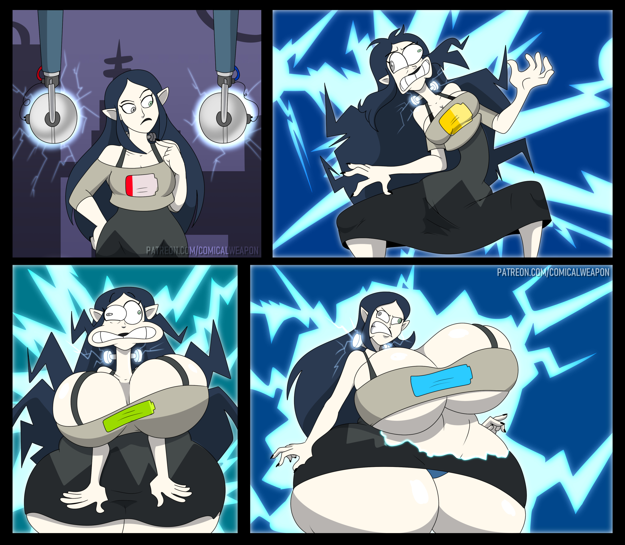 1girls, ass, ass expansion, big ass, big breasts, big butt, black hair, body transformation, breast expansion, breast growth, breast growth (enlargement), breasts, breasts bigger than head, cartoony, comic, comical weapon, electricity, enormous ass, enormous breasts, female, female only, figure transformation, gigantic ass, gigantic breasts, gigantic thighs, hourglass figure, huge ass, huge breasts, huge hips, huge thighs, humanoid, hyper, hyper ass, hyper breasts, hyper thighs, large ass, large breasts, large thighs, lilith clawthorne, massive ass, massive breasts, massive thighs, monster girl, pointy ears, ripped clothing, solo, straight hair, the owl house, thunder thighs, transformation, white body, white skin, wide hips, witch (the owl house)