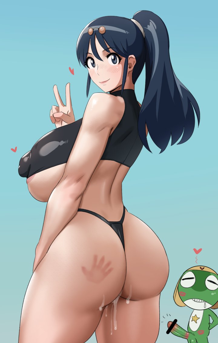 1boy 1girls 2022 after_sex aki_hinata alien ass blue_background blue_eyes blue_hair breasts censored censored_penis crop_top cum cum_in_pussy cum_inside erect_nipples erect_nipples_under_clothes female green_skin hand_print hand_print_on_ass hips huge_ass huge_breasts interspecies keroro keroro_gunsou kunaboto larger_female lipstick_mark long_hair male nipples panties peace_sign penis puffy_nipples simple_background size_difference slap_mark slim_waist smaller_male spank_marks spanked thick_thighs thighs thong underboob venus_body wide_hips