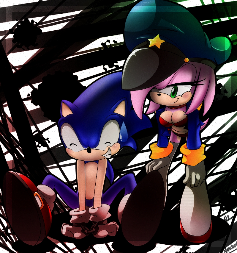 amy_rose bikini bikini_bottom bikini_top blush blushing femdom handcuffs high_heels jail jail_bars jail_cell looking_at_partner police_badge police_hat police_uniform policewoman smile smiling_at_another sonic_(series) sonic_the_hedgehog tagme