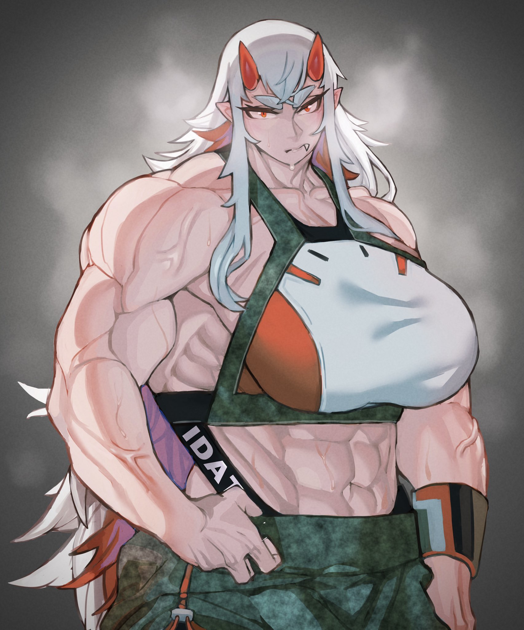 1girls, abs, big breasts, breasts, clothed, clothing, fangs, female, female only, horns, kugara4423, long hair, monster girl, multicolored hair, muscular, muscular arms, muscular female, oni, oni horns, pointy ears, red eyes, solo female, white hair