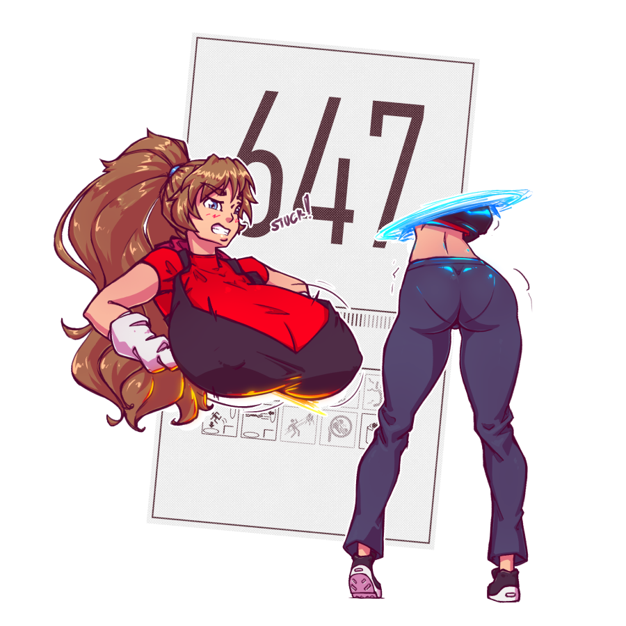 1girls 2021 ass breasts breasts_bigger_than_head color female female_only huge_breasts iffy long_hair n647 nipple_bulge original_character ponytail portal portal_(series) solo stuck stuck_in_object thick_thighs transparent_background