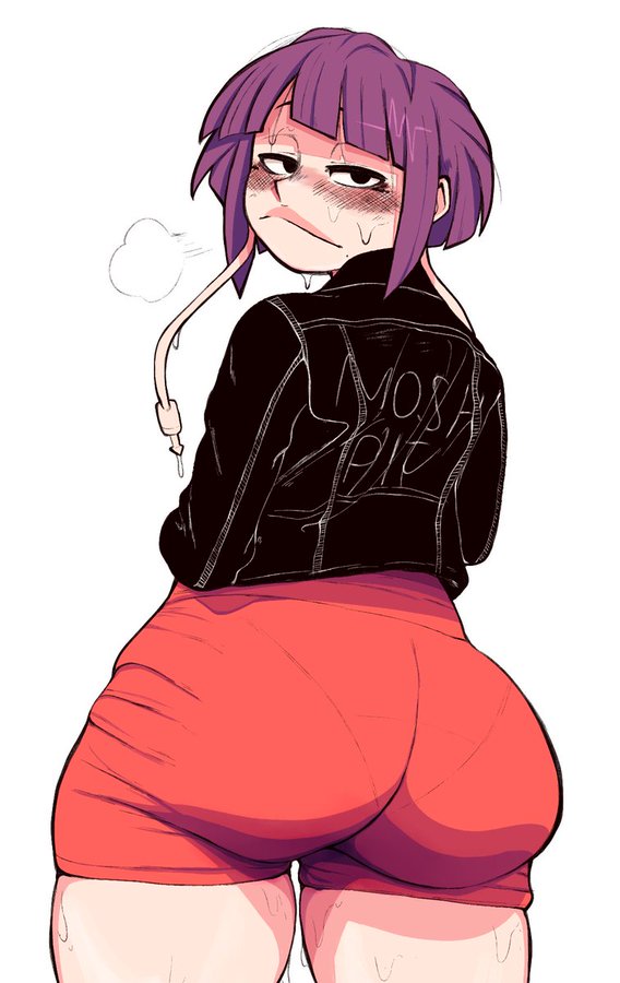 ass, big ass, big butt, blush, bodily fluids, clothed, clothing, dumpiwumpi (artist), eyelashes, eyes, female, huge ass, jacket, kyoka jiro, lips, looking at viewer, looking back, my hero academia, pantylines, purple hair, short hair, shorts, solo, sweat, sweatdrop, thick ass, thick thighs, tomboy, underbutt