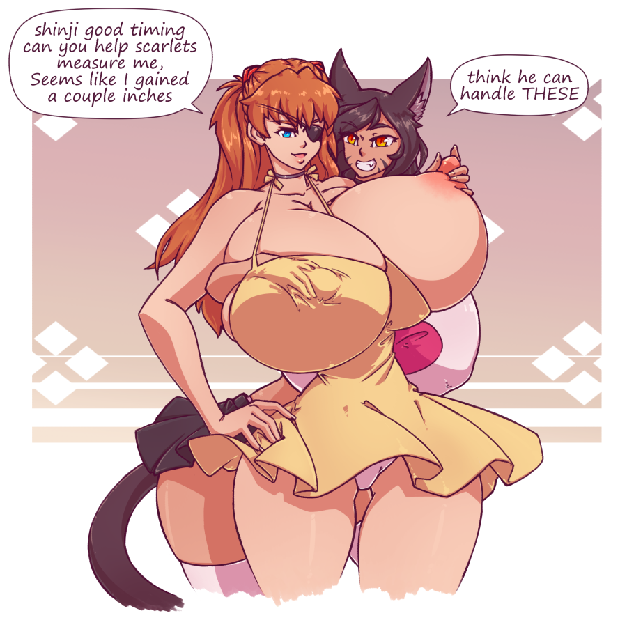 2021 2girls alternate_breast_size areolae asuka_langley_sohryu big_nipples breast_grab breasts breasts_bigger_than_head cat_ears catgirl clothing color dialogue dress erect_nipples eye_patch female female_only gigantic_breasts groping huge_breasts large_breasts looking_at_viewer n647 neon_genesis_evangelion nipple_bulge nipple_tweak nipples orange_hair panties pantyshot scarlett_(super_spartan) skirt sleeveless_dress slit_pupils speech_bubble stockings sundress tail text thick_thighs thin_waist voluptuous wide_hips yellow_dress