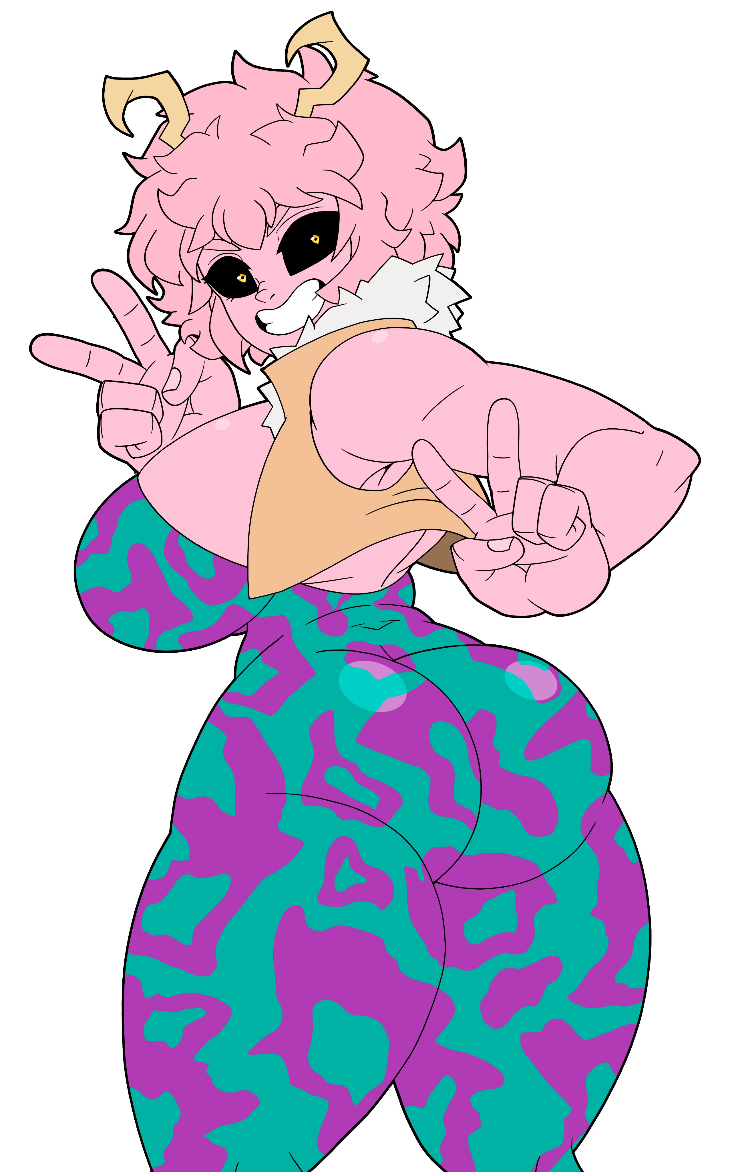 1girls, 2d, alternate version available, ass, ass focus, big ass, big breasts, big butt, black sclera, blindstash, bodysuit, breasts, cleavage, double v, female, from behind, fully clothed, hero outfit (mha), hi res, horns, large ass, large breasts, looking back, mina ashido, my hero academia, pink hair, pink skin, simple background, smile, smiling, solo, solo female, solo focus, superhero costume, superheroine, tagme, tight clothing, white background
