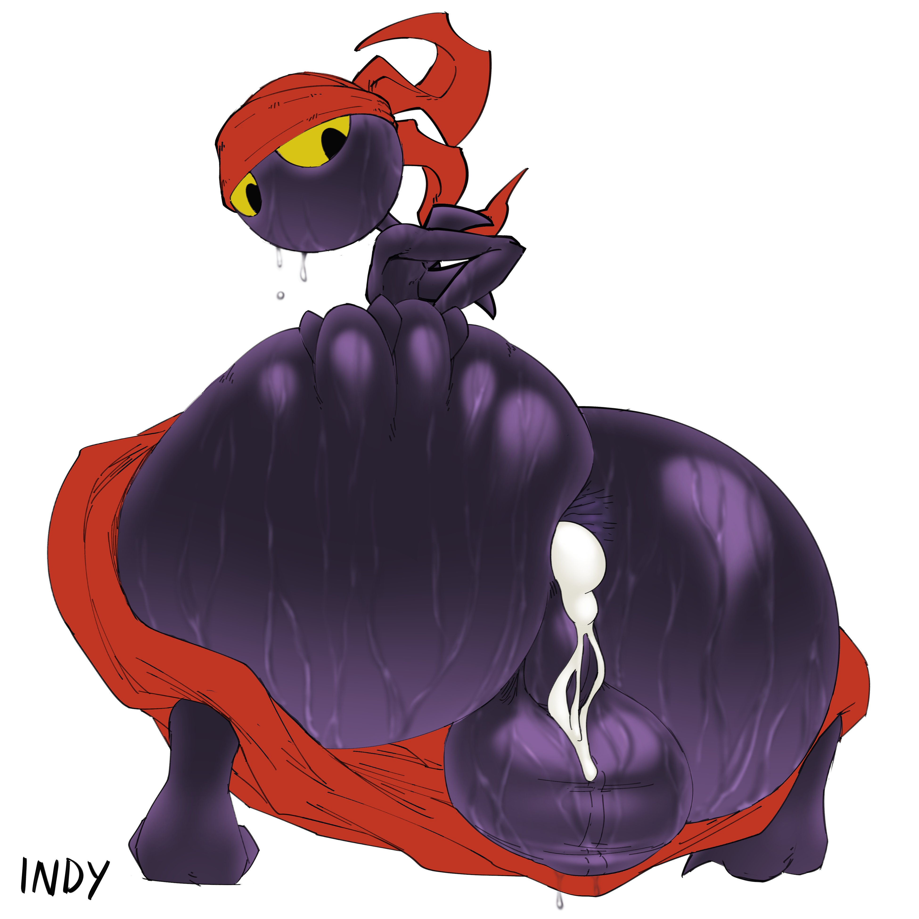 1boy, after sex, anus, ass, back, back view, balls, clothing, cum, cum in ass, cum leaking, gay, huge ass, indynd, looking back, low-angle view, male, male only, no mouth, purple skin, shantae, solo, squatting, sweat, thick thighs, tinkerbat, wet, wide hips, yellow sclera