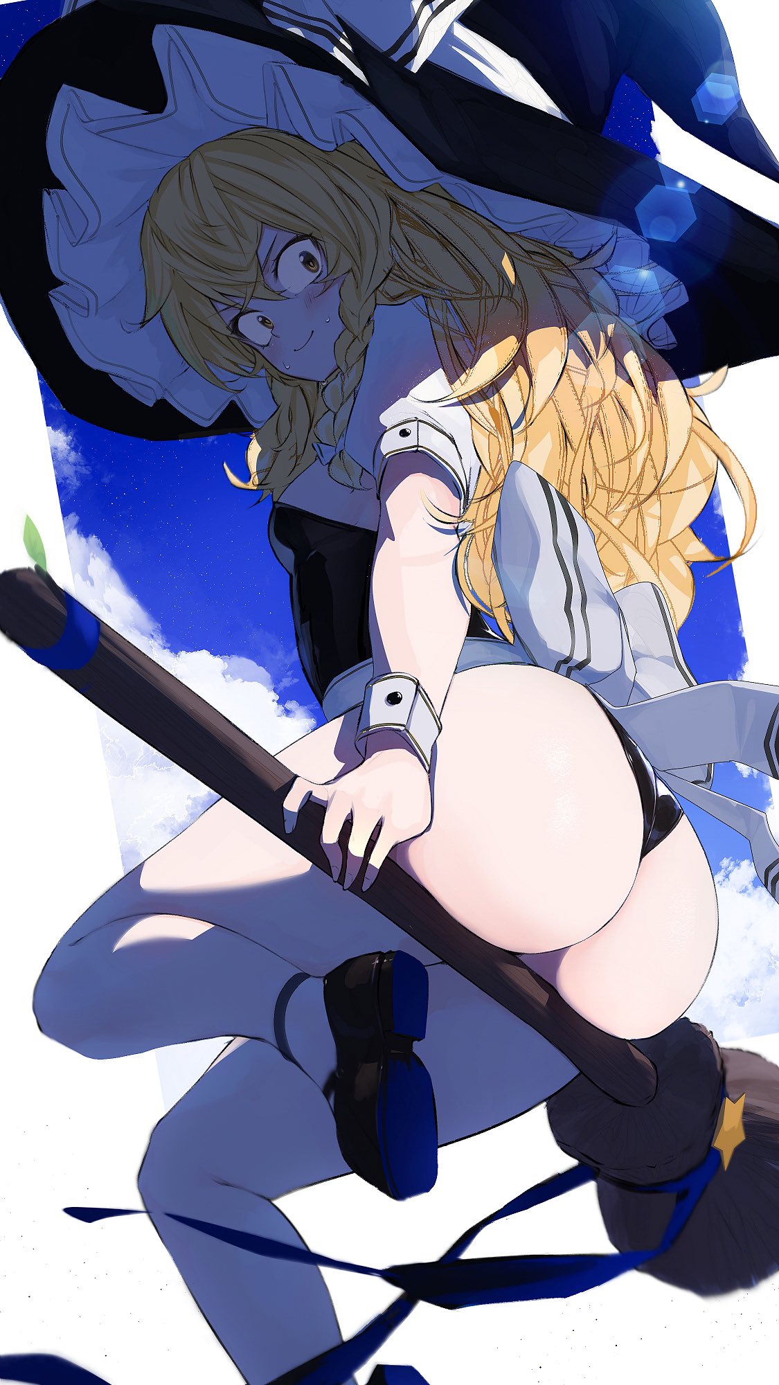 1girls, ass, ass focus, big ass, blonde hair, blush, braid, breasts, broom, broom riding, clothing, female, from behind, from below, from side, hat, highres, hizake, human, kashu (hizake), long hair, looking at viewer, marisa kirisame, medium breasts, panties, shiny, shiny clothes, shiny hair, shiny skin, sideboob, smile, solo, solo female, thighhighs, touhou, twin braids, underwear, very long hair, witch, witch hat, yellow eyes