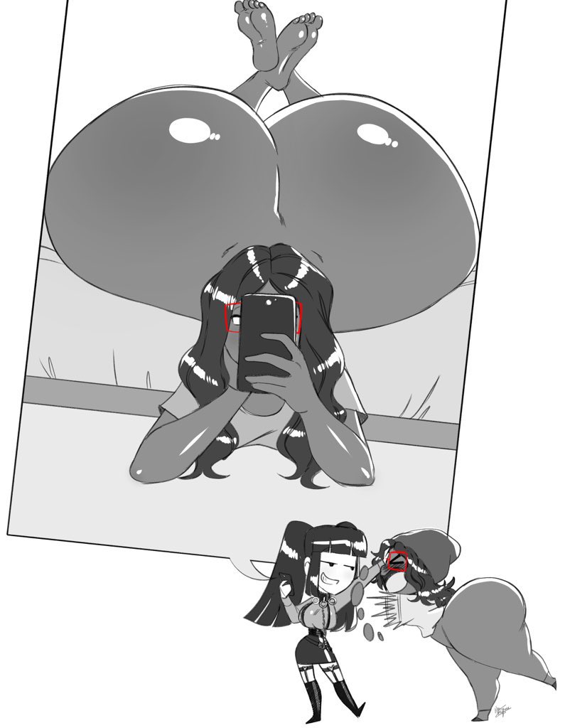 aeolus06, ass, big ass, blush, bottomless, covering face, dark skin, dark-skinned female, embarrassed, embarrassed nude female, female, gigantic ass, glasses, hat, huge ass, long hair, monochrome, phone, picture, regret, taking picture