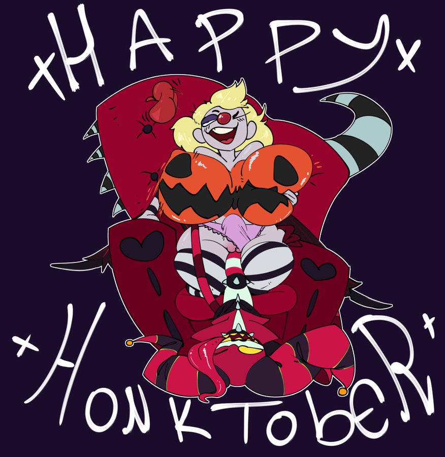 1girls big_breasts bodypaint clown clown_girl demon lying_down lying_on_back o_n3il oc sitting_on_chair sitting_on_lap sitting_on_penis thick_thighs thighhighs