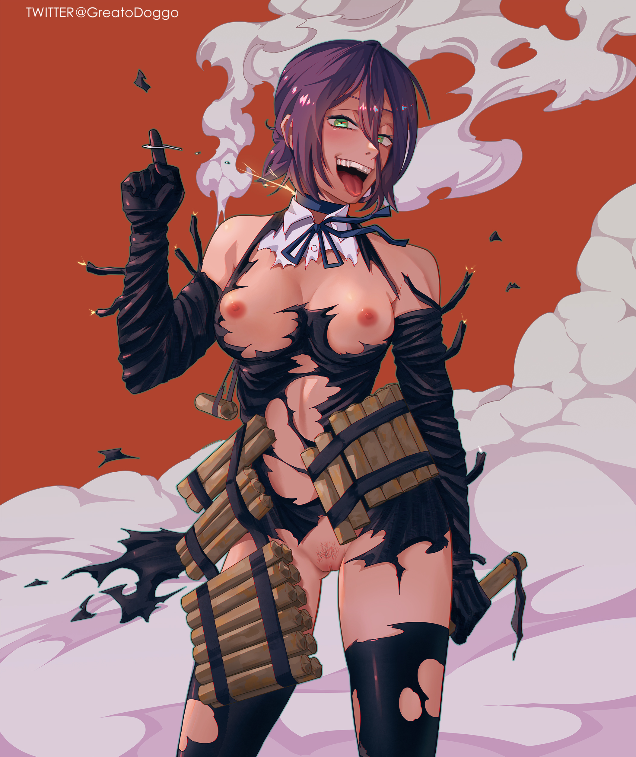1girls, areolae, bomb devil, breasts, chainsaw man, eye contact, female, greatodoggo, green eyes, looking at viewer, nipples, purple hair, pussy, reze (chainsaw man), ripped clothing, short hair, solo, standing, thighs, tongue, tongue out