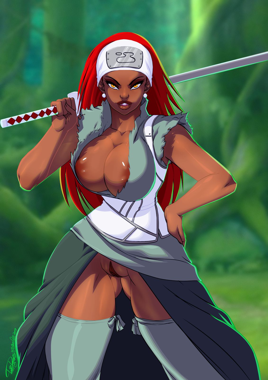 1girls, areola, areola slip, artist signature, bandana, big breasts, breasts, brown skin, busty, curvaceous, curvy, curvy body, curvy female, curvy figure, dark skin, dark-skinned female, earrings, exposed breasts, exposed pussy, female, female only, forehead protector, forest, front view, hand on hip, holding object, holding weapon, huge breasts, jewelry, karui, katana, kimono, kumogakure symbol, legwear, looking at viewer, mostly clothed, naruto, naruto (series), naruto shippuden, nature, nipple slip, nipples, no bra, no panties, no underwear, outdoors, parted lips, pinup, pussy, red hair, ripped clothing, robe, seductive, seductive eyes, seductive look, seductive mouth, seductive smile, solo, solo focus, standing, sword, thighhighs, tovio rogers, uncensored, vest, watermark, weapon, wide hips, yellow eyes