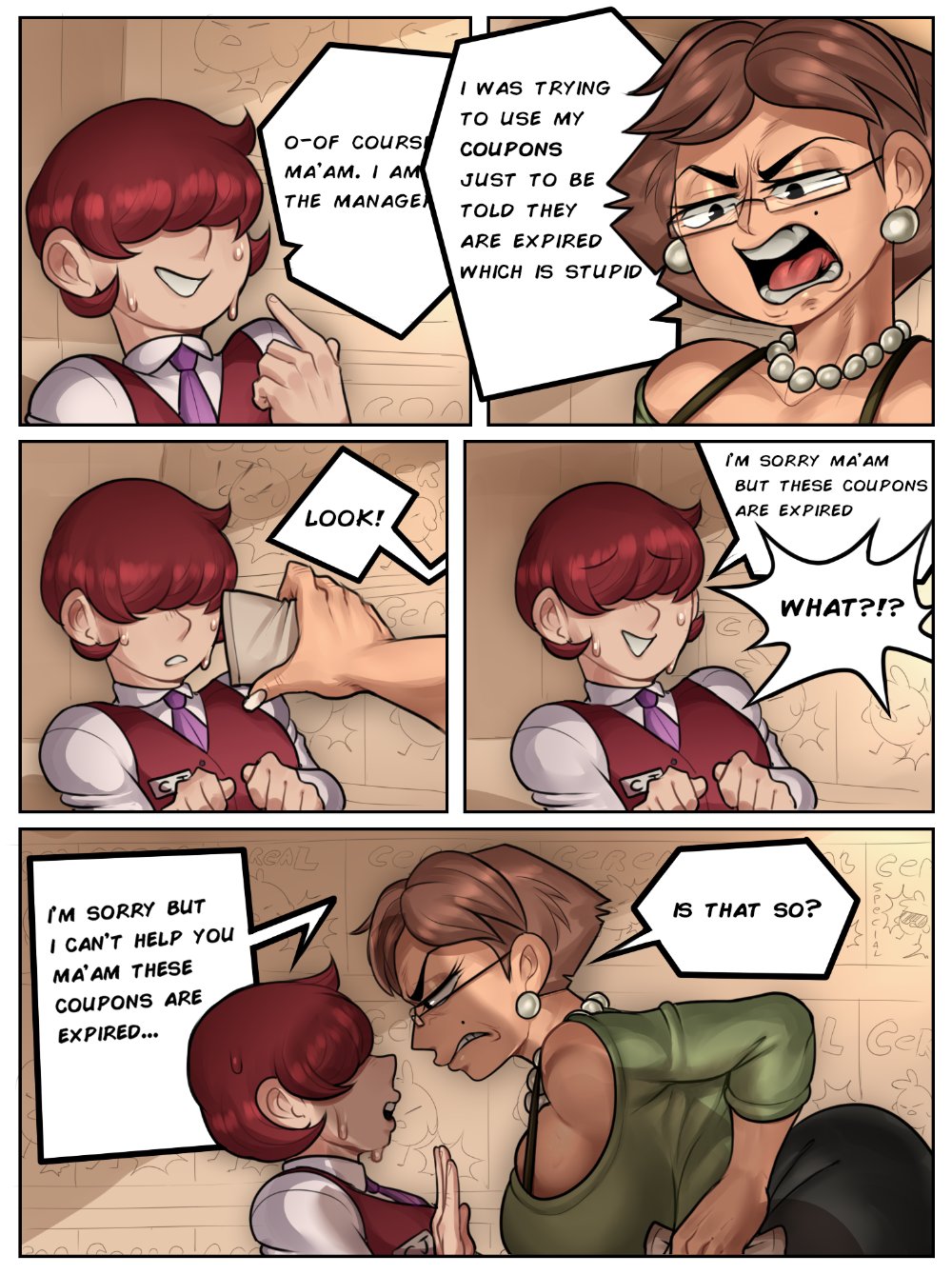 big_ass big_breasts big_butt brown_hair cj_(detnox) comic comic_page detnox dialogue eastern_style english_text karen karen_(meme) karen_(sketchyboi08) red_hair sketchyboi08 sweating tagme text