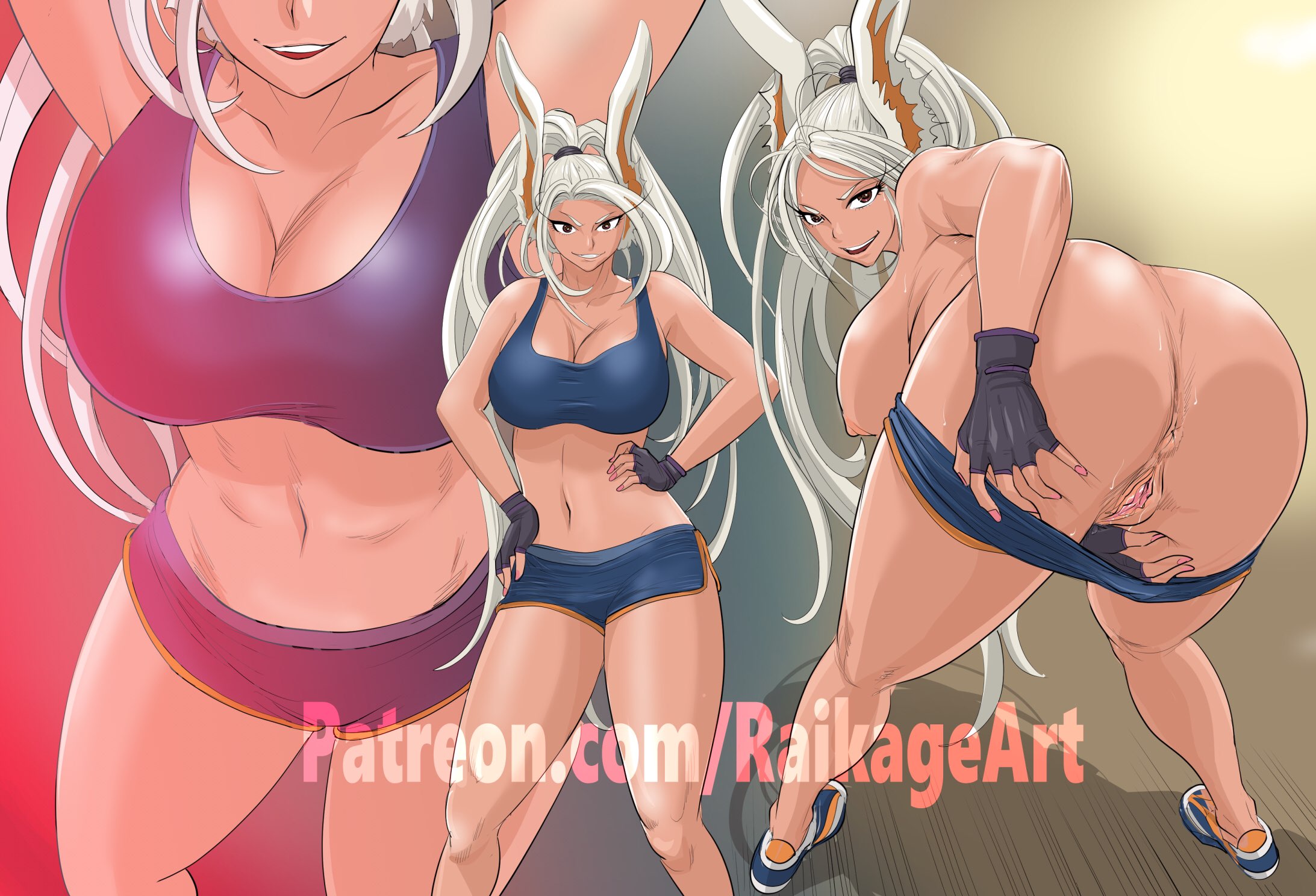 1girls, alternate hairstyle, animal ears, anus, areolae, arms up, ass, back view, bare ass, bare legs, bare shoulders, big ass, big breasts, breasts, bunny ears, busty, cleavage, clothes removed, crop top, dark skin, dark-skinned female, decensored, fat ass, female, female only, fingerless gloves, fit, fit female, front view, grin, gym clothes, high resolution, huge ass, large breasts, long hair, looking at viewer, midriff, miruko, multiple views, muscular, muscular female, my hero academia, ponytail, presenting, presenting anus, presenting pussy, pussy, raikage art, red eyes, revealing clothes, rumi usagiyama, shoes, shorts, sideboob, smile, solo, sports bra, spread pussy, spreading, sweat, sweatdrop, teasing, tied hair, topless, uncensored, undressing, vagina, very long hair, watermark, white hair, workout clothes