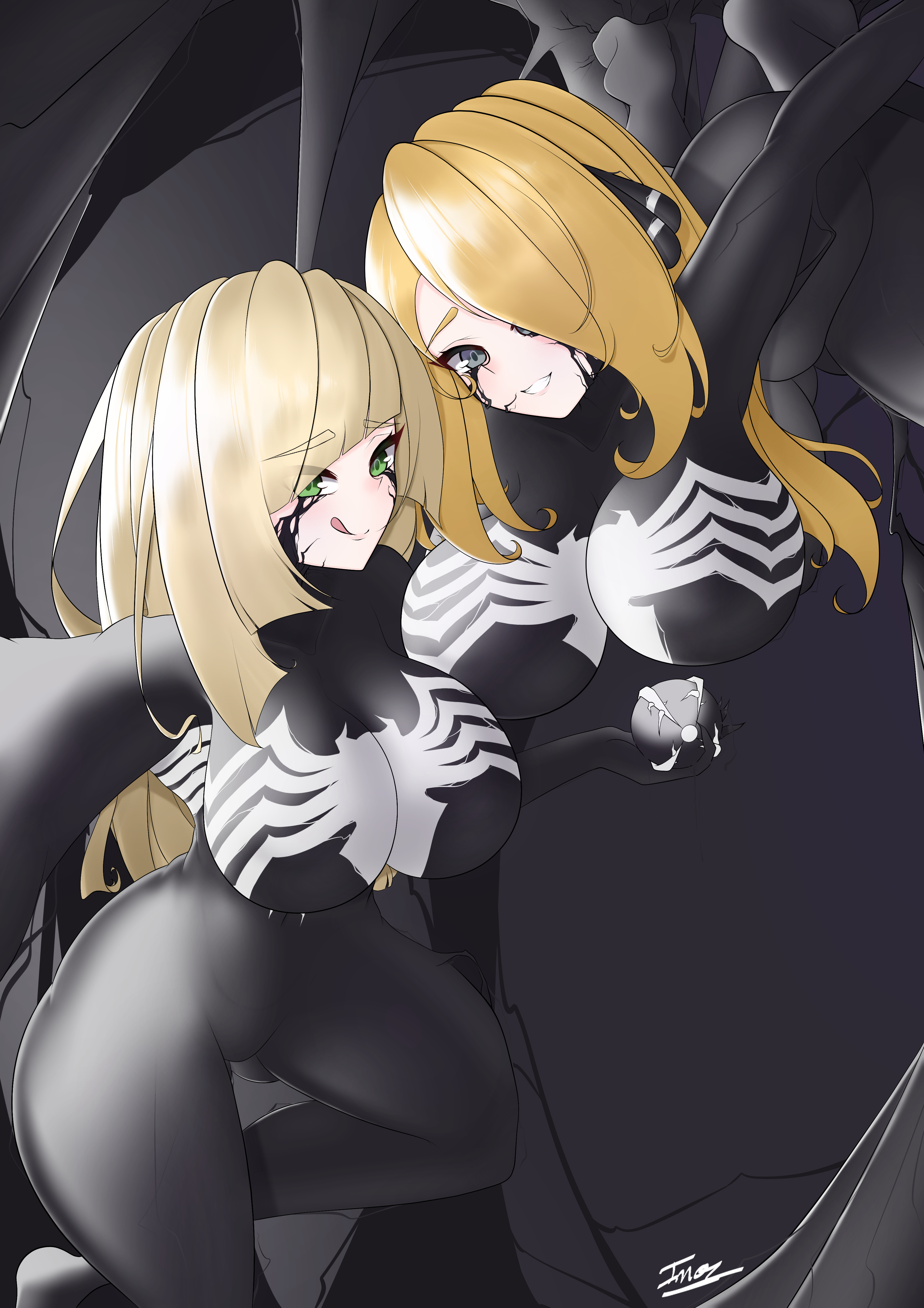2021, 2girls, big breasts, blonde hair, bodysuit, breasts, corruption, crossover, cynthia (pokemon), female, huge breasts, inou (artist), latex, latex gloves, latex suit, light skin, light-skinned female, looking at viewer, lusamine (pokemon), marvel, marvel comics, multiple females, multiple girls, pokemon, pokemon dppt, pokemon sm, selfie, she-venom, shiny, skin tight, spider-man (series), symbiote, tagme, thick thighs, venom (marvel)