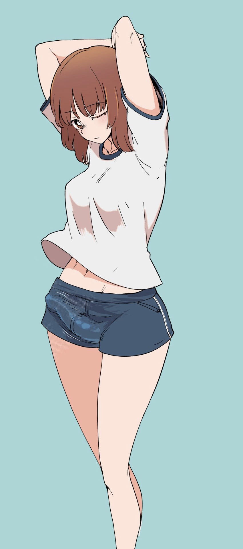 1futa 2018 3rd_party_edit aomushi_(mushamusha) arms_above_head arms_up balls bangs big_penis blue_background breasts brown_eyes brown_hair bulge clothed clothing edit female flaccid fully_clothed futa_only futanari girls_und_panzer gym_shirt gym_shorts gym_uniform human light-skinned_futanari light_skin navel nishizumi_miho pale_skin penis penis_under_clothes shirt short_hair shorts simple_background solo sportswear standing stretch