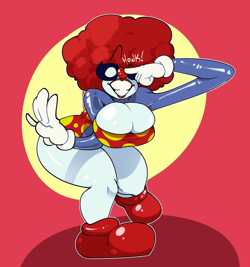 clown clown_girl clown_makeup clown_nose huge_ass huge_breasts looking_back o_n3il oc teasing thick_thighs