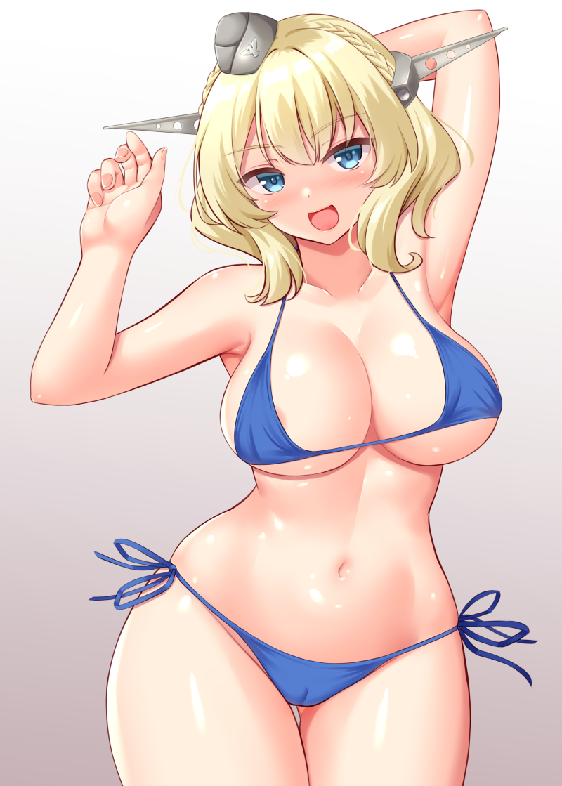 areola_slip armpits bangs big_breasts bikini blonde_hair blue_bikini blue_eyes blush cameltoe cleavage colorado_(kantai_collection) crown_braid curvaceous curvy eastern_style female female_only headgear headwear kantai_collection looking_at_viewer military_hat open_mouth shiny_skin short_hair side-tie_bikini smile solo swimsuit thigh_gap thighhighs tokyo_yamane underboob wide_hips