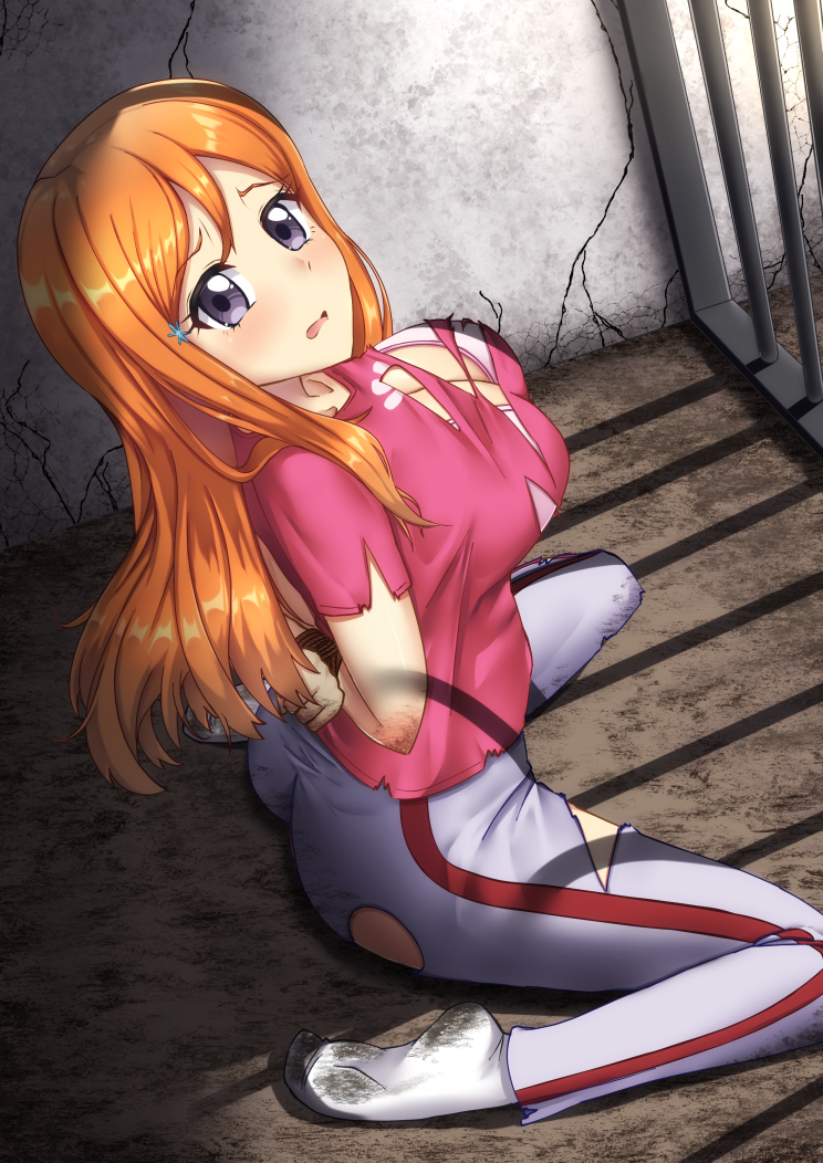 1girls, big breasts, bleach, bondage, bra, breasts, captured, cell, defeated, dungeon, female, ginger, ginger hair, grey eyes, hands behind back, hands tied, helpless, imminent rape, inoue orihime, kidnapped, large breasts, long hair, orange hair, pink bra, pink clothing, pink shirt, pixiv, prison, rape, rope, rope bondage, scared, schoolgirl, silver eyes, socks, tights, torn clothes, torn clothing, torn legwear, torn shirt, unknown artist, worried, worried expression, wrist cuffs