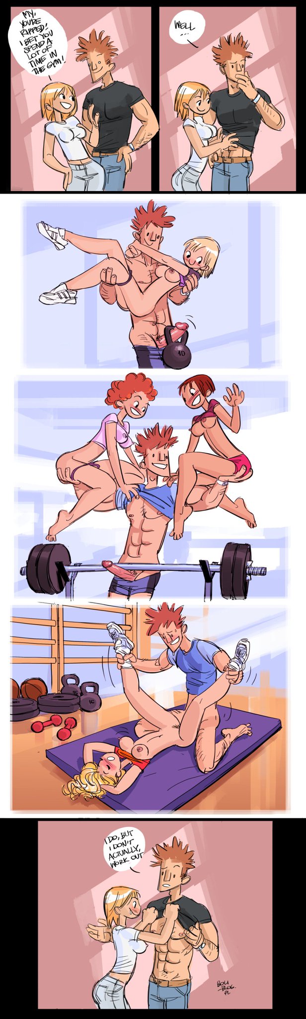 ass, au (artist), boli-blog, breasts, comic, dick, female, fit, fit female, fit male, gym, male, muscles, nipples, penis, public sex