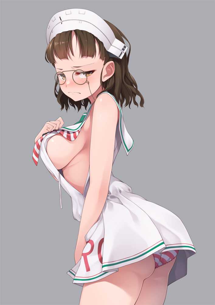 bangs big_breasts blush brown_eyes brown_hair dress embarrassed frown glasses grecale_(kantai_collection)_(cosplay) headgear headwear kantai_collection looking_at_viewer no_bra panties roma_(kantai_collection) sailor_collar short_dress short_hair sideboob sleeveless sleeveless_dress striped_panties stripes upskirt wavy_hair wearing_others_clothes