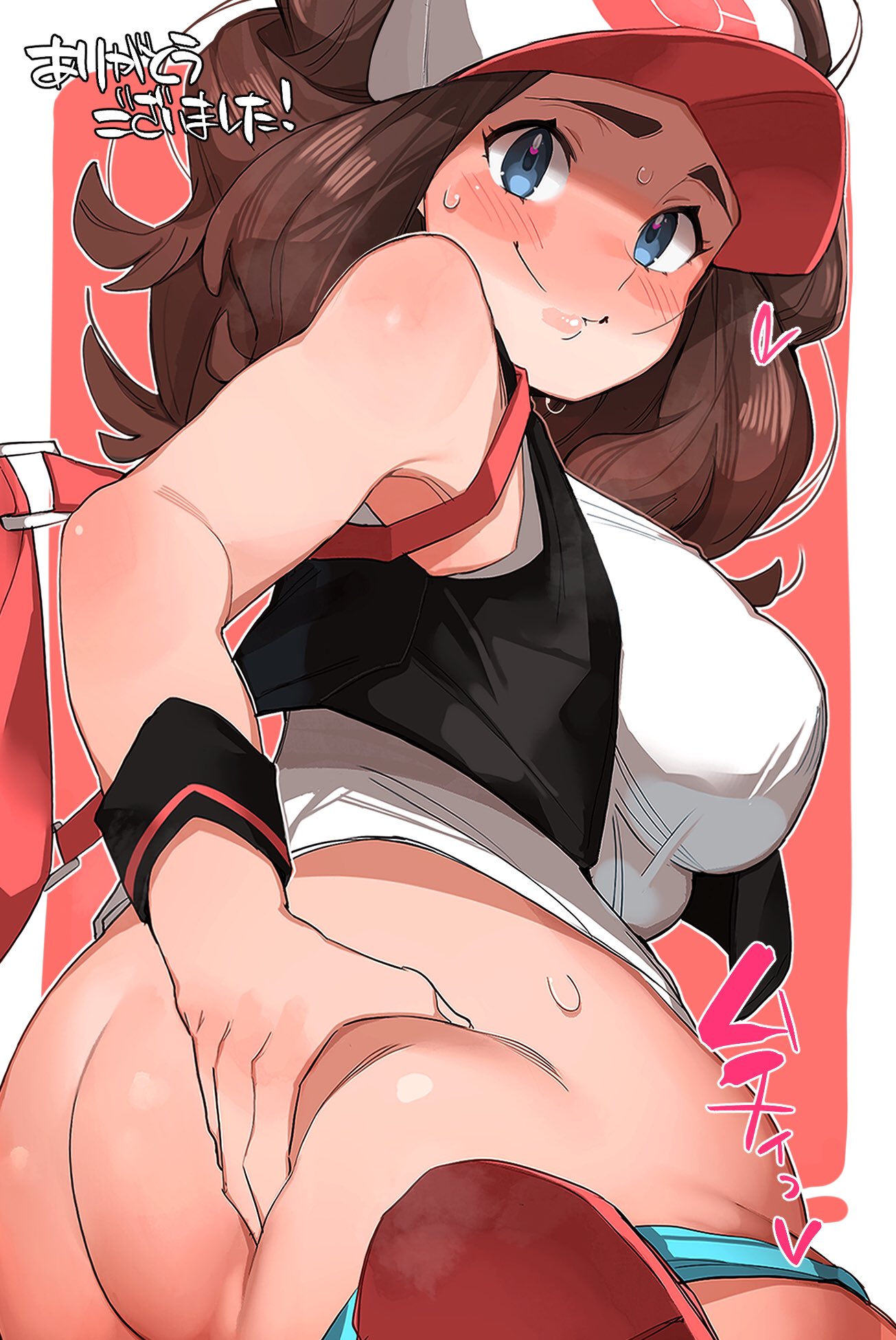 1girls alternate_breast_size ass bag big_ass big_breasts blue_eyes blush bottomless breasts brown_hair eye_contact female grabbing_own_ass hat hilda_(pokemon) large_breasts looking_at_viewer makingtawawa nintendo panties_around_leg pokemon pokemon_bw smile solo sweat tank_top thick_thighs thighs