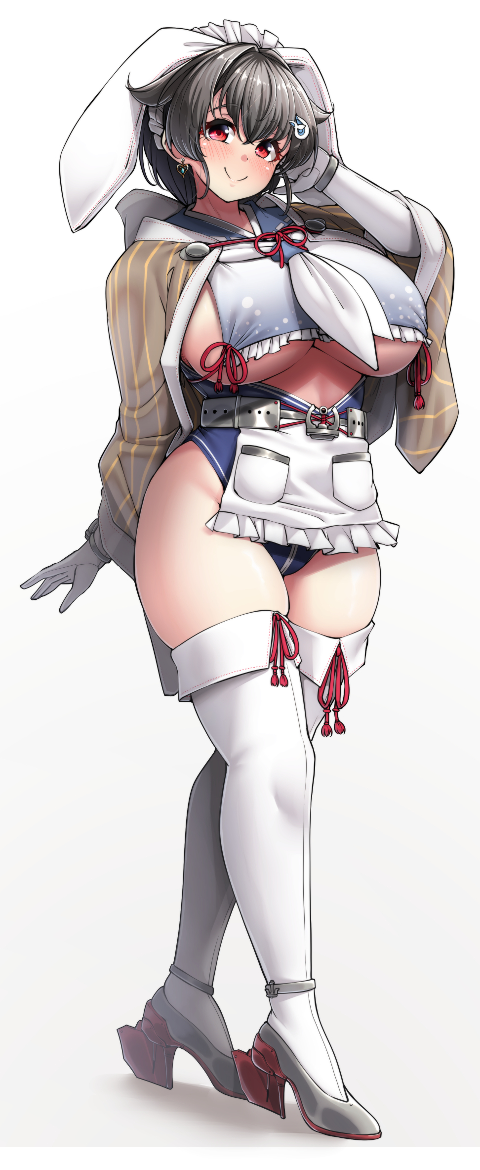 alternate_costume apron big_breasts blush bunny_ears earrings female female_only full_body gloves grey_hair hair_flaps hairclip high_heels huge_breasts japanese_clothes jingei_(kantai_collection) kantai_collection leotard long_sleeves looking_at_viewer maid_headdress red_eyes ryuun_(stiil) sailor_collar sideboob smile solo standing thick_thighs thighhighs underboob white_gloves white_legwear white_thighhighs wide_hips wide_sleeves zettai_ryouiki