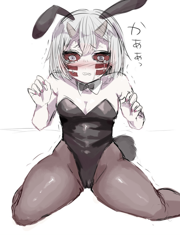 alternate_costume bunny_girl bunnysuit cameltoe crying cute demon_slayer facial_markings female female_only fishnet_stockings horns kimetsu_no_yaiba mukago oni_horns red_sclera silver_eyes sitting solo trembling wariza