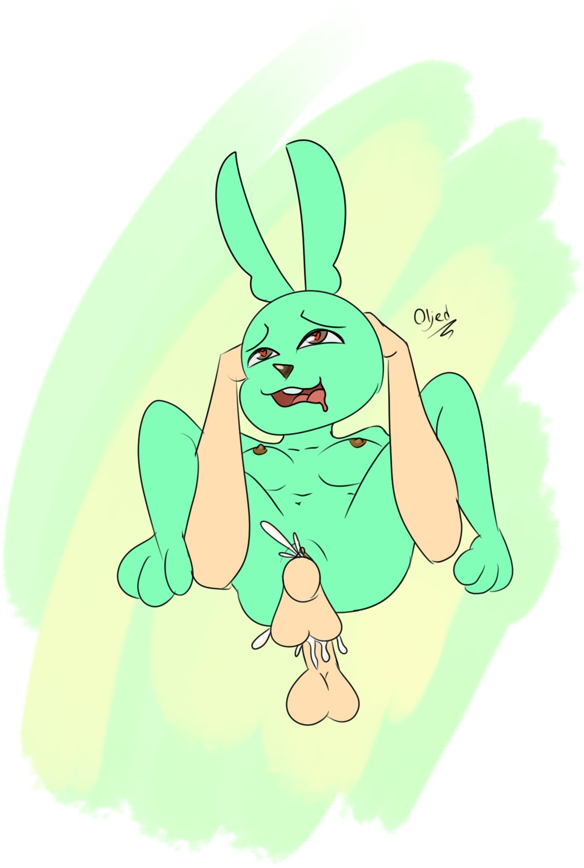 breasts brown_nipples bubble_ass bunny_ear bunny_ears digital_drawing_(artwork) digital_media_(artwork) double_penetration flat_color furroanexo furry green_fur green_skin lagomorph motoanexo nipples oljed original_character penetration twitter_username