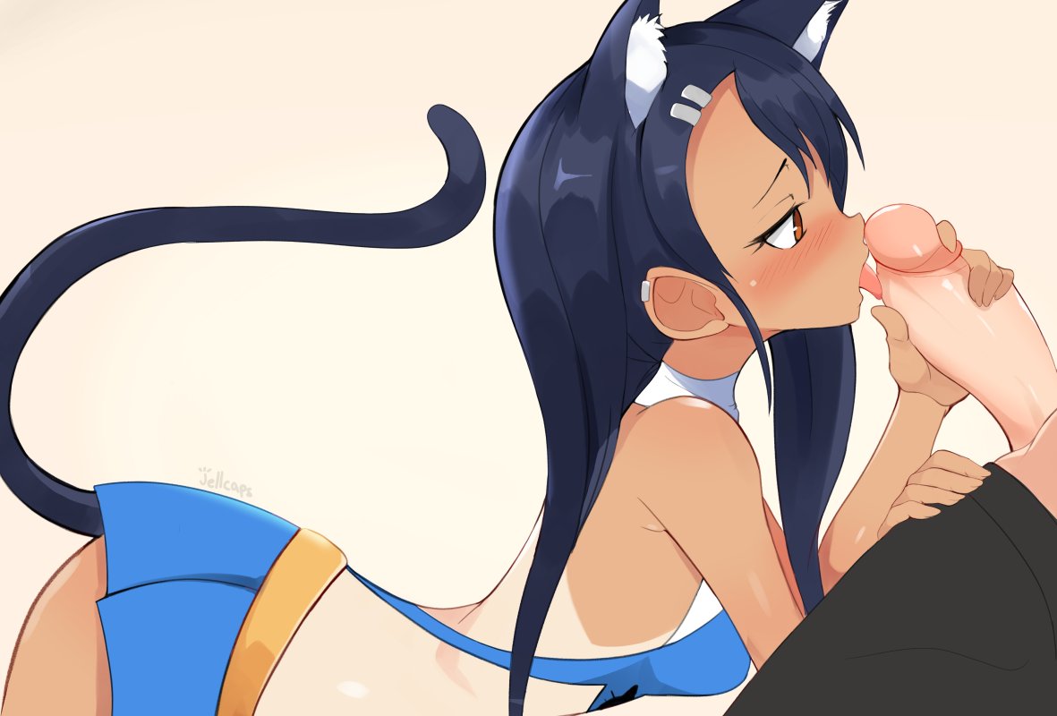 1boy 1girls black_hair blush breasts brown_hair buttplug_tail cat_ears cat_tail catgirl cheerleader cheerleader_uniform clothed clothing cute embarrassed erection fellatio female hayase_nagatoro hi_res horny jellcaps licking_penis long_hair medium_breasts naoto_hachioji_(senpai) open_mouth oral pants_down penis petite please_don't_bully_me,_nagatoro revealing_clothes sideboob simple_background skirt small_breasts smaller_female tanline tanned tongue_out unzipped_pants watermark white_background young