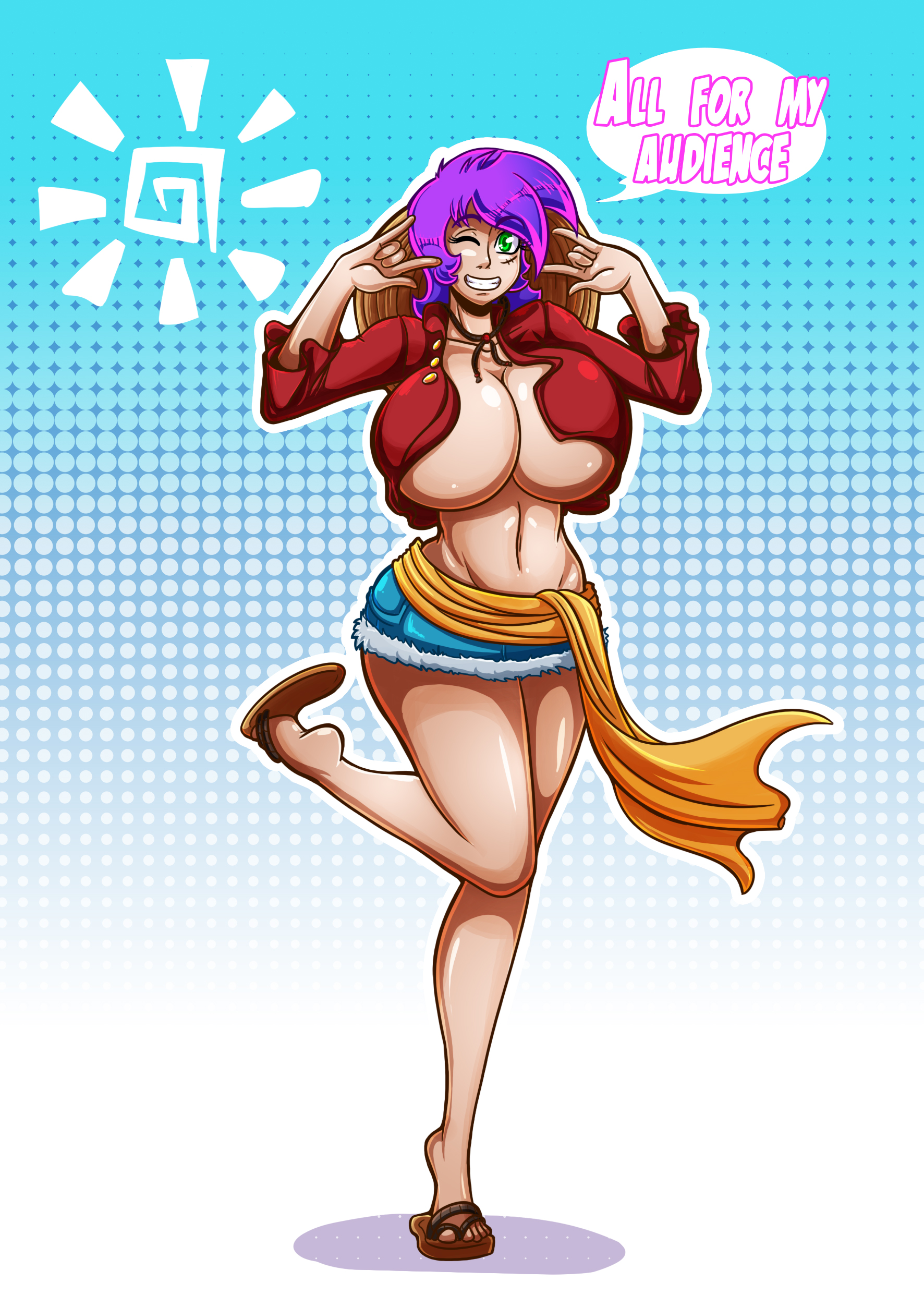 1girls, ass, big ass, big breasts, booty shorts, breasts, female, female only, green eyes, huge breasts, kogeikun, monkey d luffy (cosplay), one eye closed, one piece, open clothes, purple hair, sandals, scar, scarf, small waist, smile, solo, thick thighs, wendolin