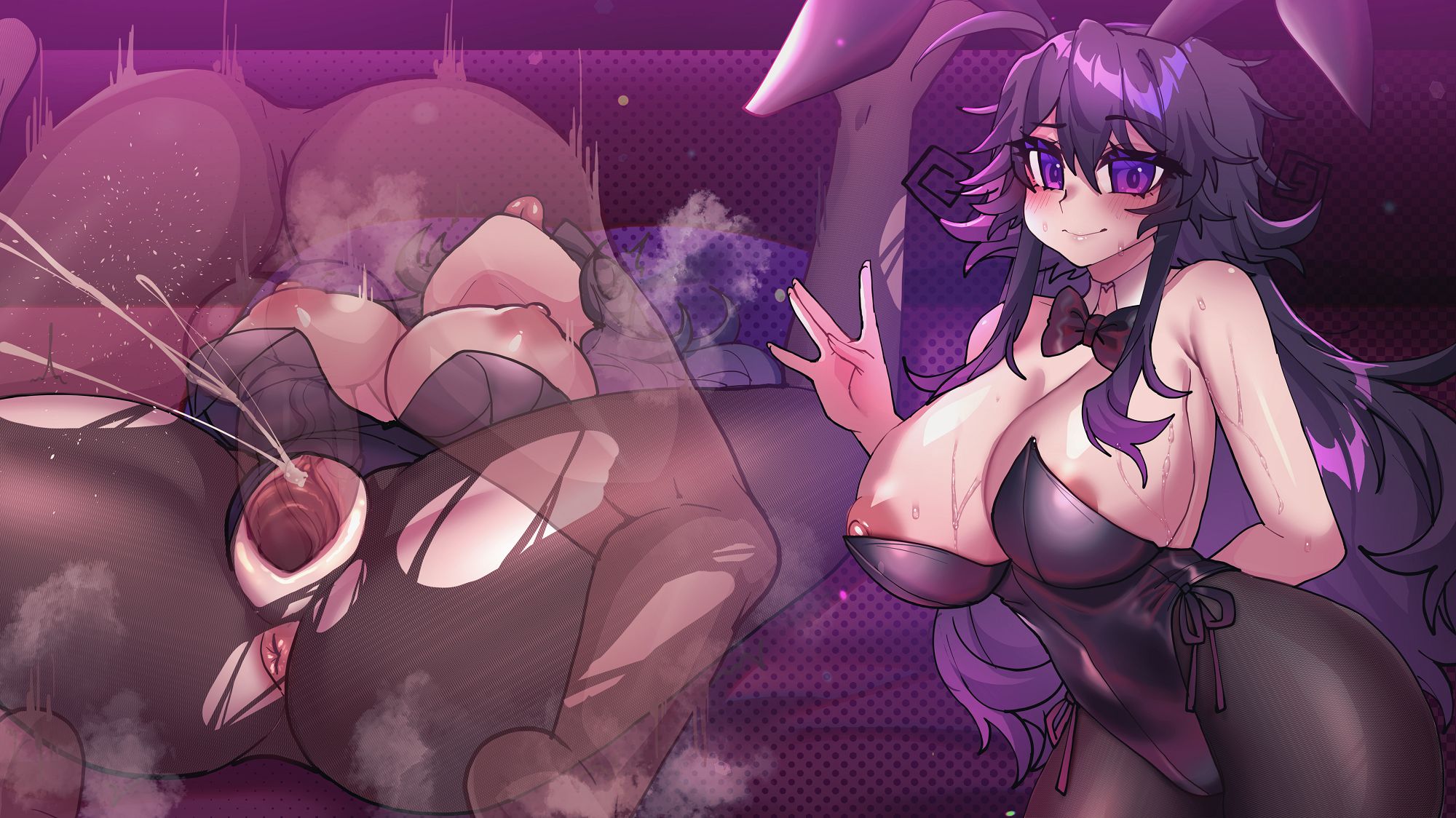 1girls, ass, bangs, big ass, big breasts, bikini top, blush, bra, breasts, bunny ears, cameltoe, cleavage, cleavage cutout, clothed, color, crawling dreams, female, instant loss 2koma, large breasts, leotard, light skin, light-skinned female, lingerie, long hair, looking at viewer, mating press, merryweather, nyarla (crawling dreams), nyarla (osiimi), open mouth, osiimi, pale skin, pale-skinned female, purple eyes, purple hair, pussy, thick, thick thighs, thighs, vagina, vaginal penetration