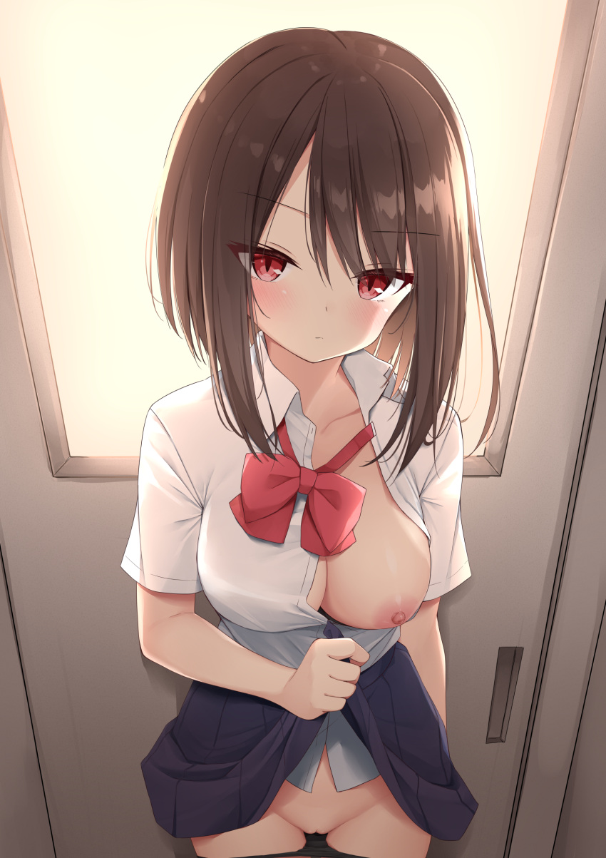 big_breasts blush female panties pussy red_eyes school_uniform schoolgirl short_hair skirt_lift solo_female titty_drop