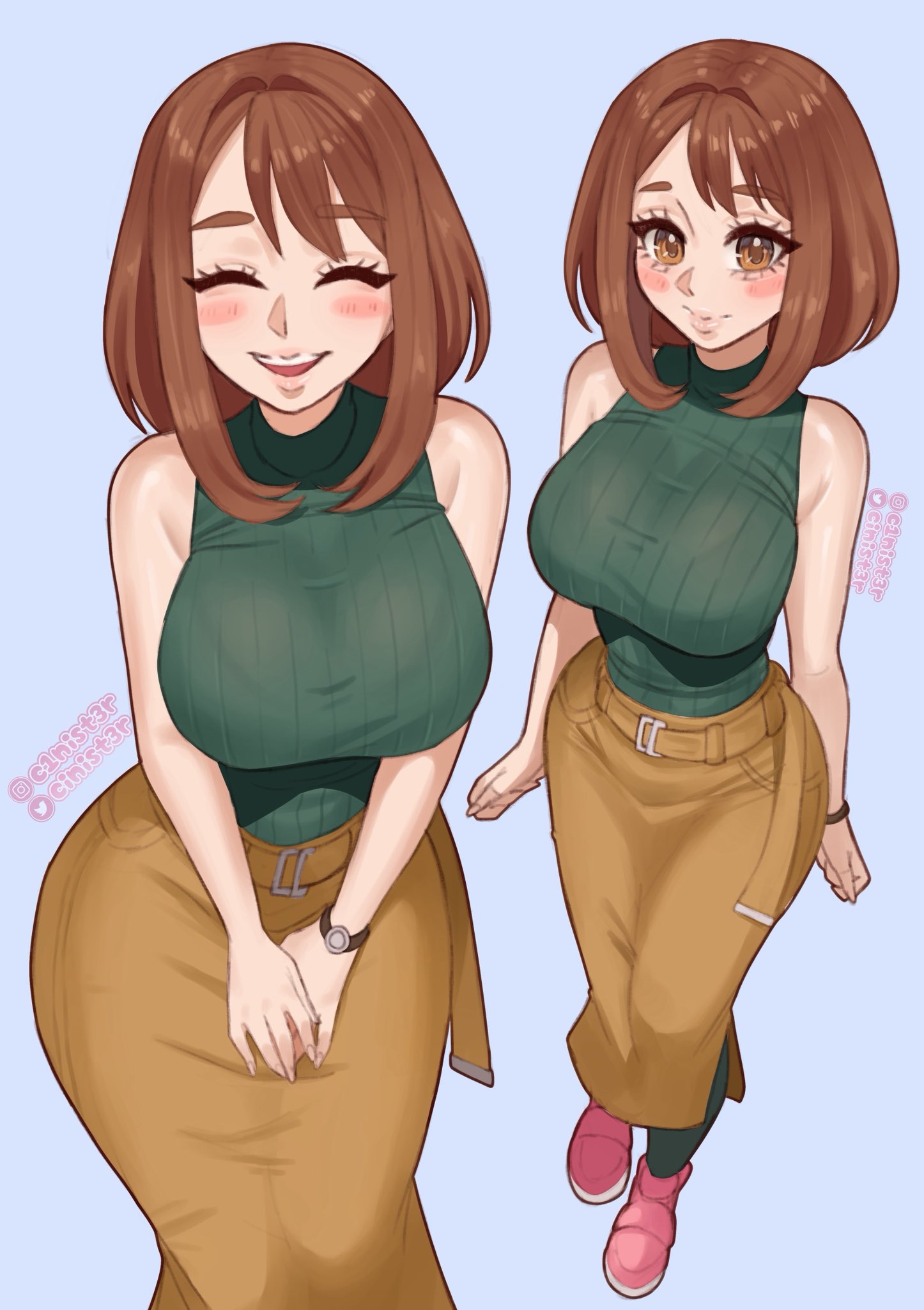 1girls, boku no hero academia, breasts, cinister, female, female focus, female only, female thick thighs, large ass, light skin, light-skinned female, my hero academia, my hero academia (finale), ochako uraraka, post-timeskip, solo, thick thighs, thighs, wide hips