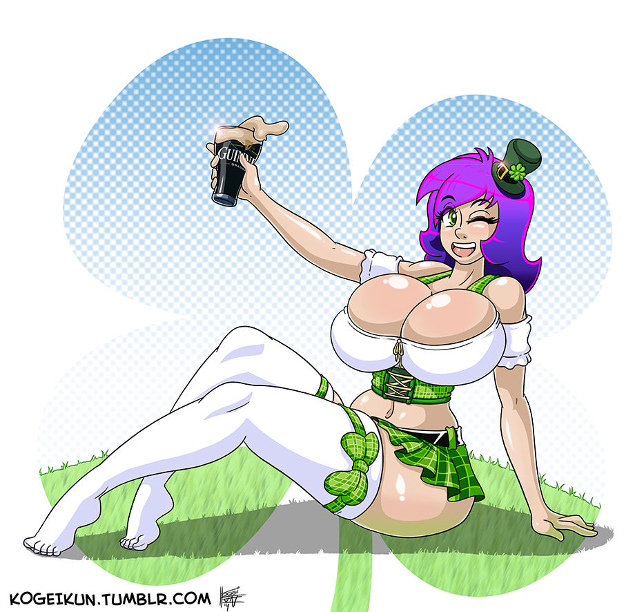 alcohol big_ass big_breasts breasts_exposed female female_only green_eyes hat hourglass_figure kogeikun long_hair purple_hair short_skirt small_waist smile socks st._patrick's_day thick_thighs tight_clothing wendolin