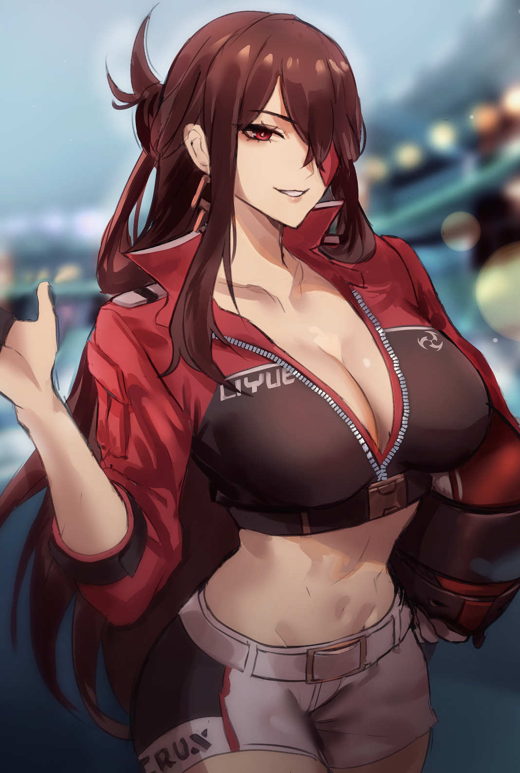 1girl, abs, alternate costume, beidou (genshin impact), breasts, brown hair, cleavage, crop top, cropped jacket, eyepatch, genshin impact, hair ornament, helmet, highres, holding, holding unworn helmet, jacket, large breasts, long hair, red eyes, tommy (kingdukeee), toned, unworn headwear, unworn helmet, waving