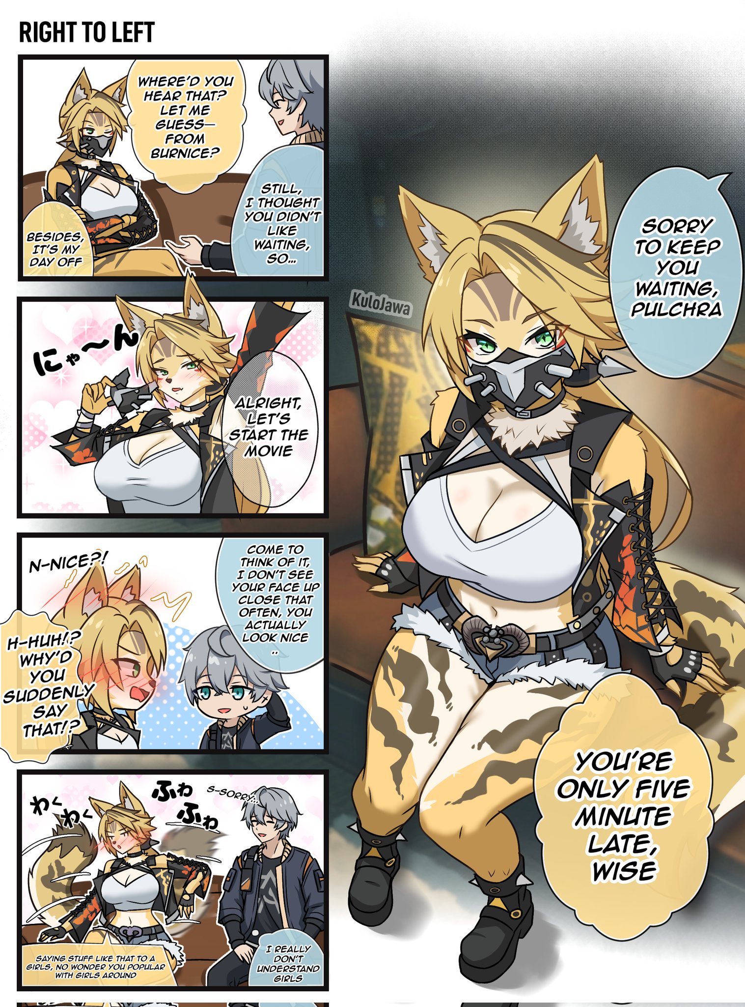 1boy, 1girls, anime, anime girl, anime style, aroused, aroused face, aroused female, belly button, blush, blushing, booty shorts, breasts, cat, cat ears, catgirl, cleavage, cleavage cutout, crop top, embarrassed, embarrassed expression, embarrassed female, female, furry, furry female, gloves, green eyes, hotpants, human, human male, jacket, kulojawa, large breasts, looking at viewer, male, mask, midriff, ponytail, proxy (zenless zone zero), pulchra (zenless zone zero), pulchra fellini, short shorts, shorts, simple background, solo, solo female, spread legs, thick thighs, wide hips, wise (zenless zone zero), zenless zone zero