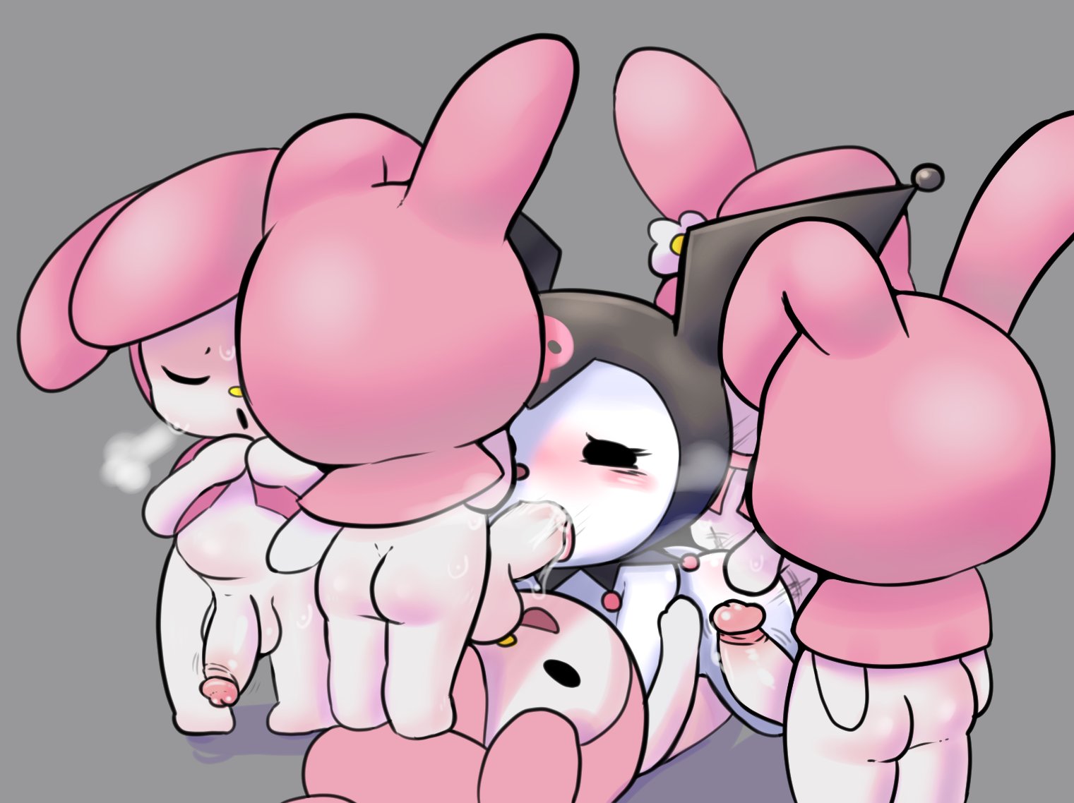 1girls, 5futas, anal, anal sex, ass, balls, black eyes, blush, bodily fluids, breath, clones, dizzytizzy, erection, fellatio, female, female penetrated, futa on female, futa with female, futanari, gangbang, gangrape, grey background, group, group sex, hood, intersex, kuromi, lagomorph, leporid, multiple futa, my melody, onegai my melody, oral, penetration, penis, pussy, rabbit, rape, saliva, sanrio, simple background, tagme, testicles, triple penetration, vaginal penetration, visible breath, white body, white fur