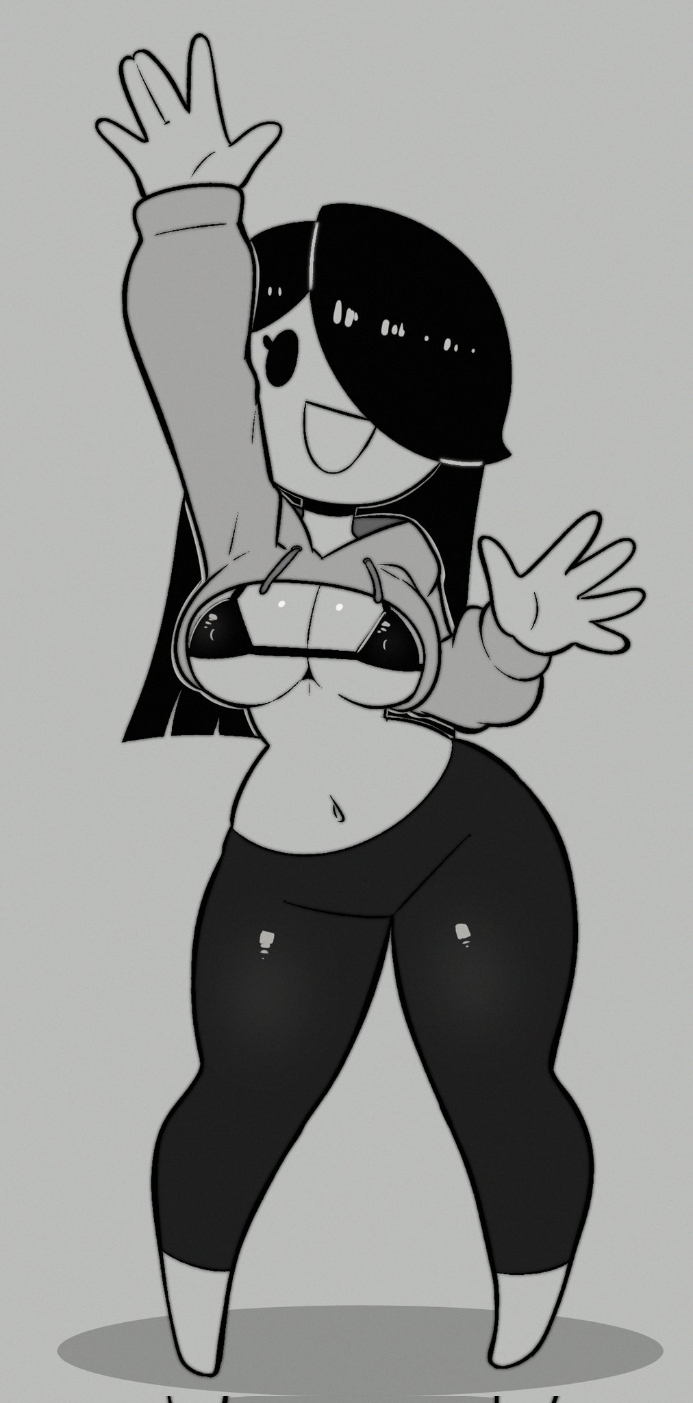 1girls, avidagrem2, bra, breasts, cleavage, clothed, clothed female, cream (movailarts), female, female only, grayscale, hair over one eye, hoodie, long hair, navel, oc, shirt lift, smile, solo
