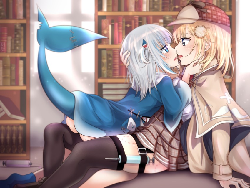 ass, blonde hair, blue eyes, female, gawr gura, hololive, hololive english, hololive myth, kissing, petite, skirt, tail, thighhighs, thighs, virtual youtuber, watson amelia, white hair, yuri