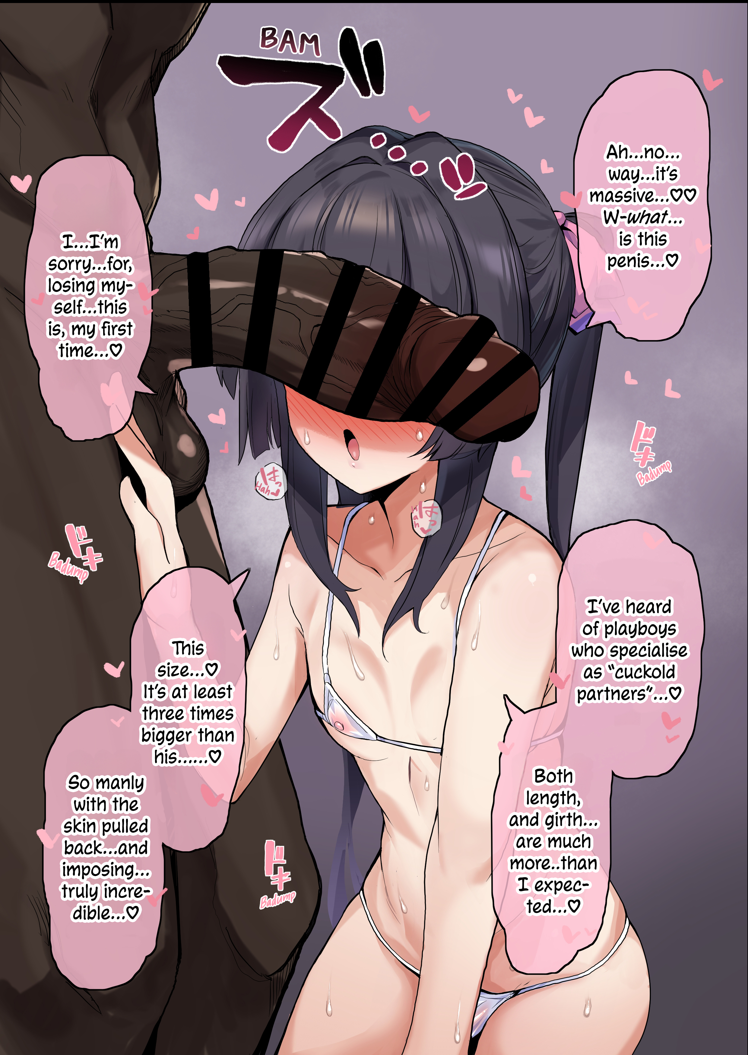 1boy, 1girl, 2boys, badump sound effect, bar censored, bikini, black hair, blunt bangs, blush, censored, cheating, cheating (relationship), cheating female, cheating girlfriend, colored, cuckold, cuckoldry, dark-skinned male, dark-skinned male penis, english text, explicit, exposed nipples, heart symbol, interracial, large penis, lingerie, long hair, manga page, micro bikini, momonosuke (u-ma991028), netorare, netorase, nipples, ntr, penis, penis awe, penis size talk, purple eyes, senki zesshou symphogear, short hair, size talk, small breasts, small penis humiliation, sound effect, speech bubble, sweat, tsukuyomi shirabe, twintails, white bikini, white lingerie