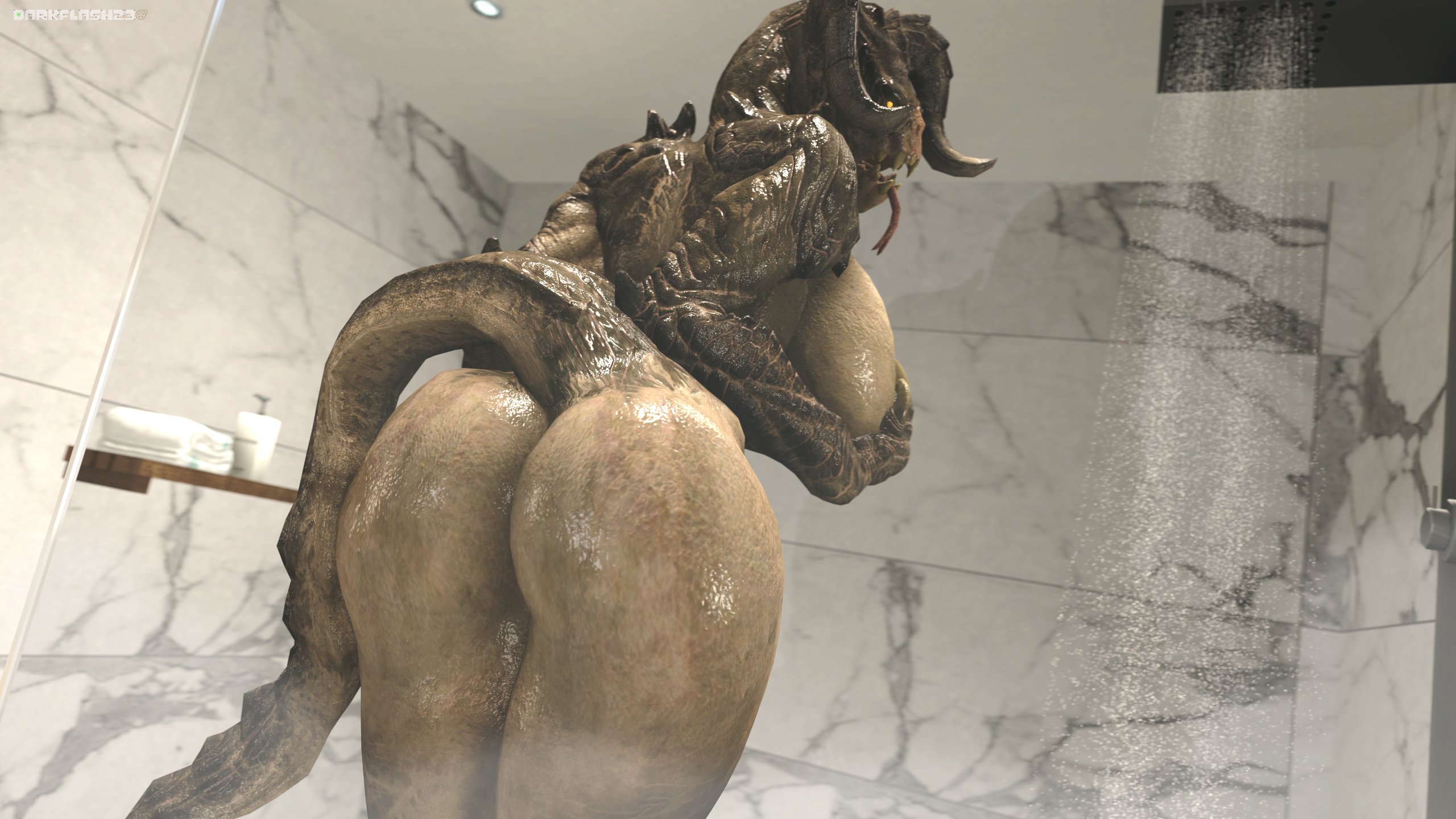 3d, ass, big ass, big breasts, breasts, darkflash23, deathclaw, fallout, female, female deathclaw, hand on breast, horns, presenting, scalie, shower, tagme